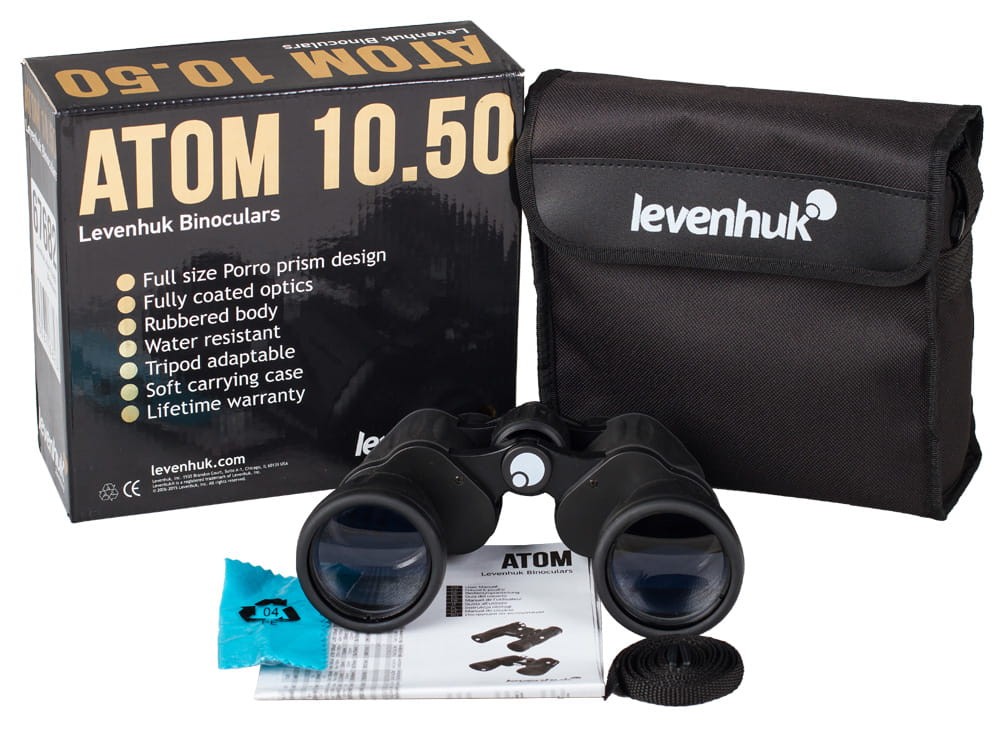 Zawartość zestawu Levenhuk Atom 10x50