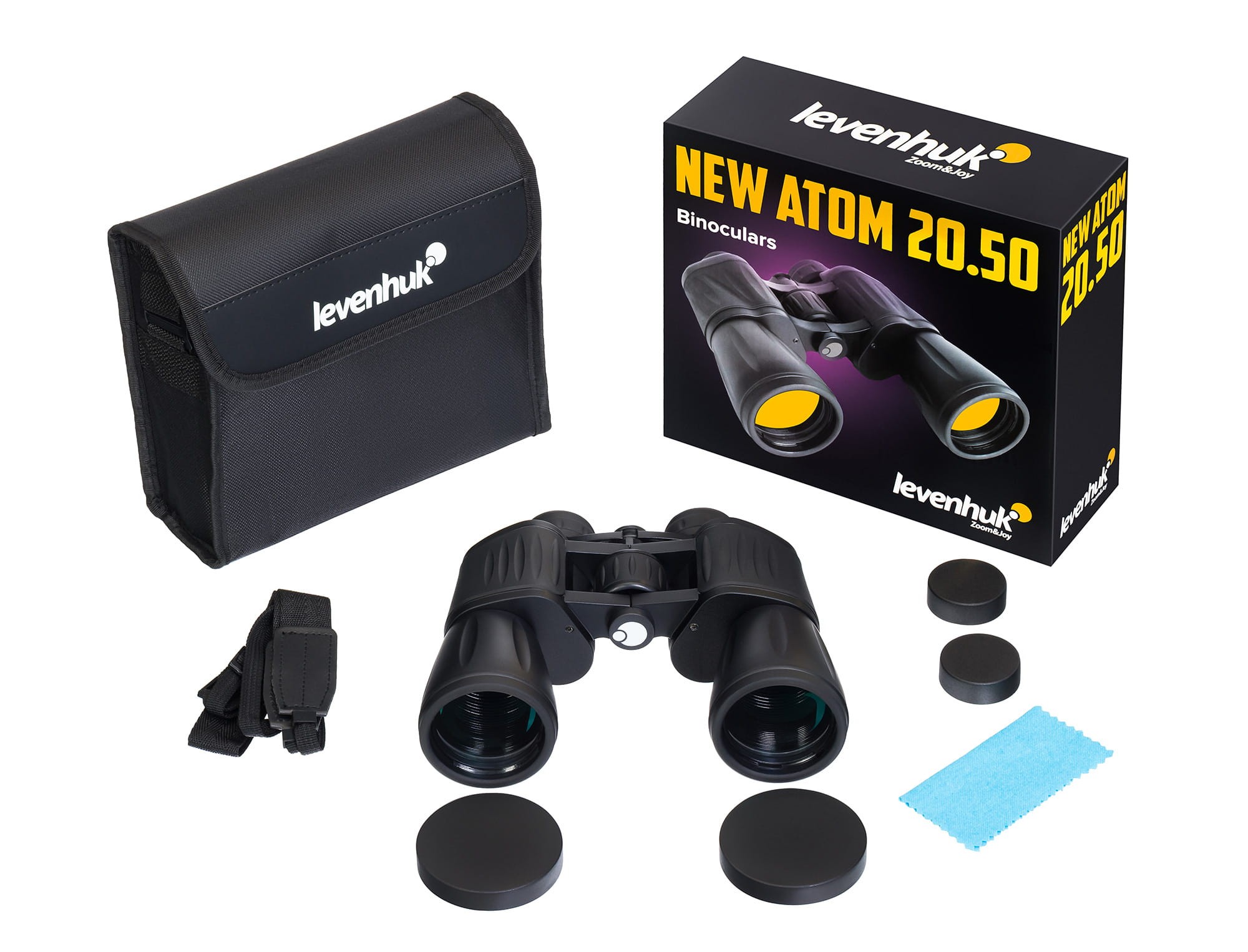 Pełny zestaw lornetki Levenhuk New Atom 20x50